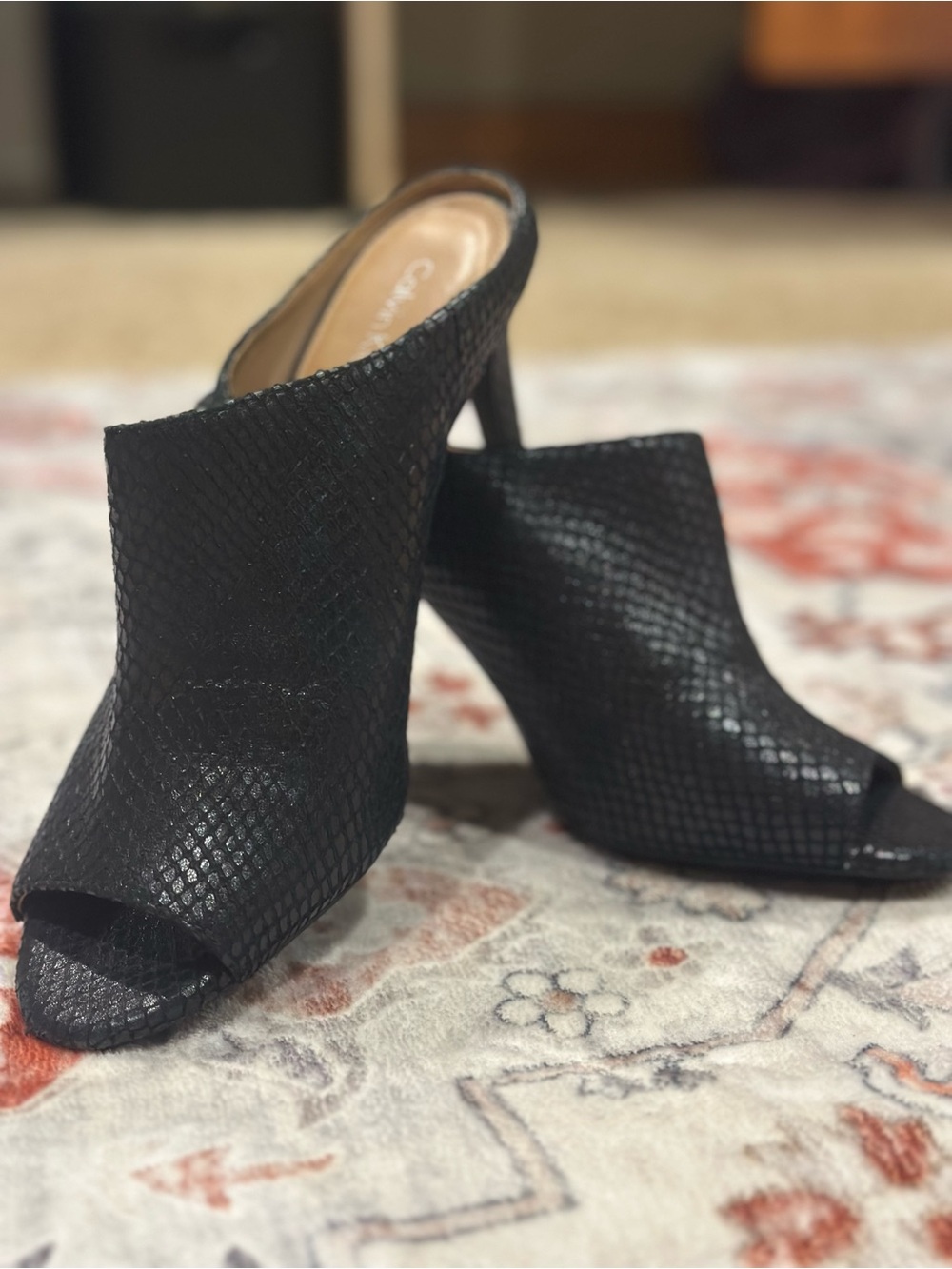 Calvin Klein Black Textured Peep-Toe Mule Heels